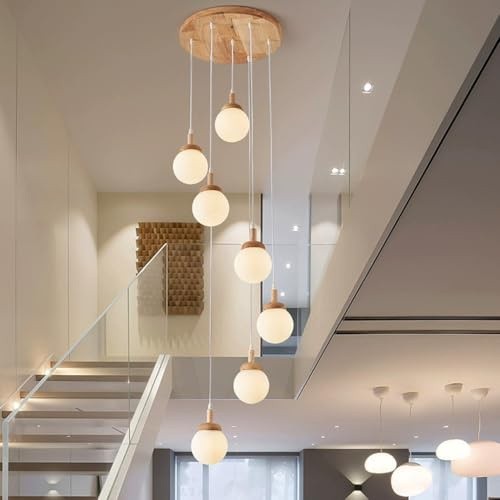 DOCJX Modern Pendelleuchte E27 Holz Treppenhaus Hängelampe Wohnzimmer Esstisch Lampen Hängend Höhenverstellbar Kronleuchter ​Höhenverstellbar Deckenleuchte Esstisch Treppe Wohnzimmer Treppe Licht(7 li