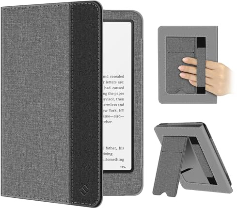 Fintie Hülle für 7 Kindle Paperwhite(12. Generation)/Kindle Colorsoft | Paperwhite Signature Edition 2026, Kickstand Case mit Handschlaufe, Rückseiten-Magnet, Auto Sleep/Wake, Grau/Schwarz