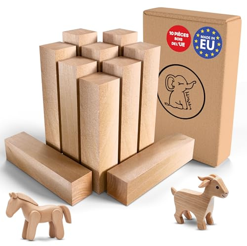 Eli® Schnitzholz Linde - Lindenholz zum Schnitzen - Basteln und drechseln | welches Holz für Erwachsene - Kinder - 10x Holz Rohlinge - Kantholz - Bastelset - Schnitzvorlage - Schnitzset - Set Holzblock
