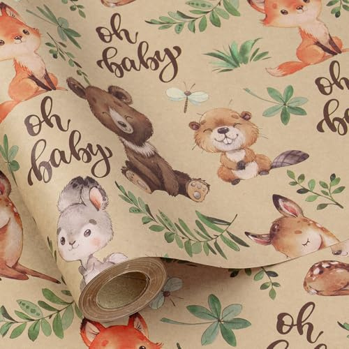 RUSPEPA Dschungeltier-Geschenkpapierrolle, Waldtier-Design mit „Oh Baby“-Schriftzug, Kraftpapier für Babypartys, Geschenke für Neugeborene und die Bekanntgabe des Geschlechts, 43,2cm x 5m