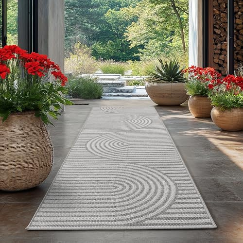 Carpetsale24 Outdoor Teppich Grau 80x250 cm Läufer, Wetterfest & UV-beständig, ideal für Küche, Balkon, Terrasse auch Wohnzimmer und Esszimmer, Skandinavisches Boho-Design, Leicht zu Reinigen