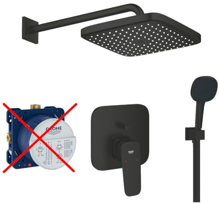 Grohe Duschsystem Unterputz mit Duscharmatur Grohe schwarz GSK01-ob | Duscharmatur von Grohe Cubeo Einhebelmischer und Grohe Regendusche Duschkopf eckig, Dusch-SET schwarz matt