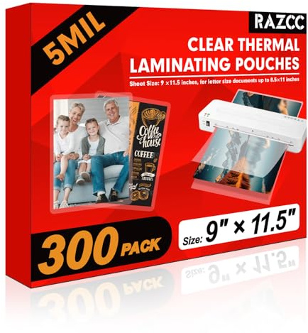 RAZCC Laminating Sheets, 300 Pack Clear Thermal Laminating Plastic Paper Laminator Sheets, 9 x 11.5-Inch, 5mil, Ideal Office or School Supplies
