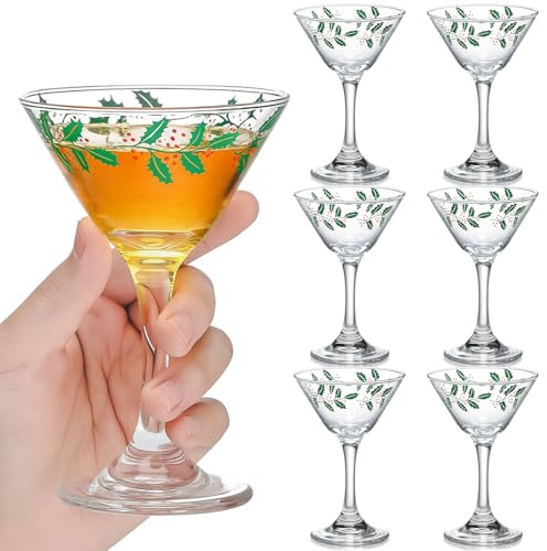 FoldTier 6 Pcs Martini Glass Set Christmas Dinnerware Christmas Cocktails Glass Creative Martinis Drinkware with Holly Berries Festival Themed Beverage Drinking Cups for Holiday Parties