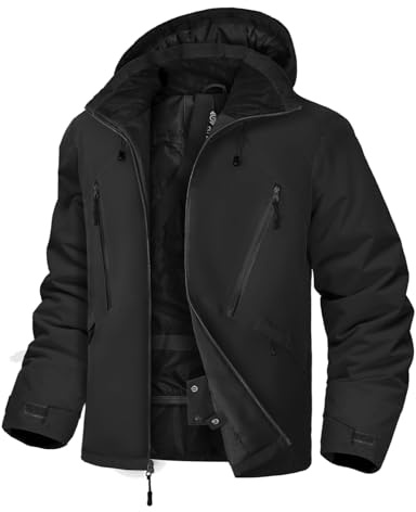 GEMYSE Veste de Ski pour Homme Manteau d’Hiver Imperméable et Coupe-Vent avec Capuche et Multi-Poches Chaud pour Neige et Montagne(Noir,2XL)