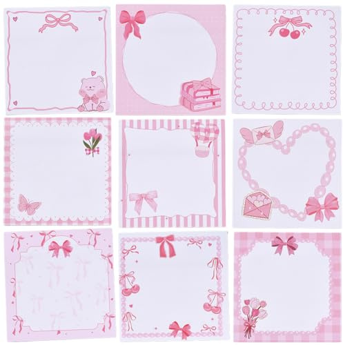 SOFPLATE 9 Stil 450 Blätter Haftnotizen Set Rosa Selbstklebende Notizen Großpackung Quadratisch Süßer Kawaii Cartoon Süße Schleife Blumen Kirsche Haftnotizblöcke Für Büro Schule Geburtstag Party Gastg