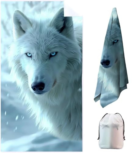 Tier Mikrofaser Strandtuch Groß 200x100cm Wolf Outdoor Saunahandtuch mit Aufbewahrungstasche, Strandtuch badetuch Schnelltrocknend Sandfreie, Leichte Stranddecke für Strandausflüge und Schwimmen N1-2