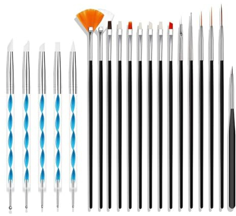 Nageldesign Bürsten Set, 20 teiliges Nageldesign Tool Set, Acryl Silikon Karving Stift, Punkte Stift, Nagel Dünnliner Bürsten, Extension Gel Bürste, Lackbürste, Builder Bürste, schwarz und blau