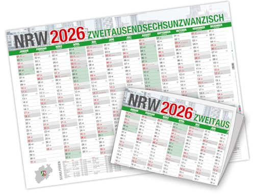 itenga Wandkalender 2026 A2 – Jahresplaner großformatig, faltbar, mit Übersicht & Feiertagen stabile Papierqualität, ideal für Büro, Küche, Schulplan (2026 - NRW)
