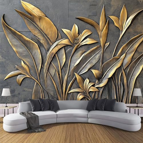 Panorama Carta Da Parati Murale 300×210cm, Parati Murali Fotografica Fiore Uccello Paradiso Foglie, Murales Rilievo Pianta,Grigio Poster Con Effetto 3D Decorazione Soggiorno Camera Letto Sala Ufficio