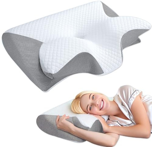 Tbintul Cuscini Cervicali per Dormire, 2 in 1 Cuscino in Memory Foam per Dolore alla Spalla, Oreiller Cervical Ergonomique, pour Dormir sur Le Côté, Le Dos et Le Ventre (Bianco-grigio)