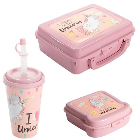 AC - Set de fiambrera con asa, sandwichera y vaso de 560 ml, plástico, niños, apto para uso alimentario, material escolar, infantil (Unicornio - 3 piezas)