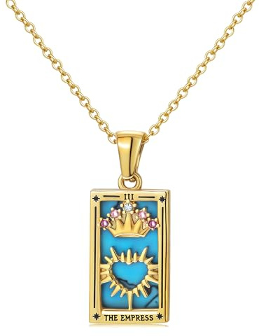 immerFancy The Empress Tarot Card Witch Necklace for Women, 18K Gold Plated Stainless Steel Vintage Lucky Charm Square Zodiac Pendant Talisman Amulet Necklaces Witchy Jewelry Spiritual Gift