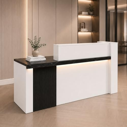 71/180cm Modern Reception Desk with Drawers, Open Shelves, Keyboard Tray