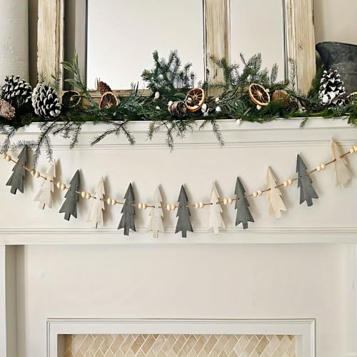 Weihnachtsgirlande, 200cm Weihnachts Girlande Deko mit Holz-Tannenbäume, Weihnachtsdeko mit Holzperlen für Weihnachten und Neujahr