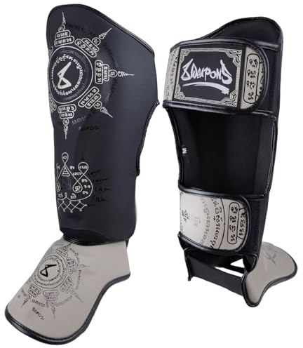 8 WEAPONS Schienbeinschoner 8 Ways Yant, Schwarz-Sand, Training & Wettkampf, Hochwertiges Kunstleder und perfekte Dämpfung, Muay Thai, K1, MMA, Karate & Kickboxen