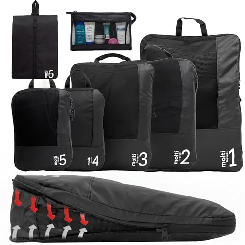 molti Kofferorganizer Set 7-teilig – Nylon 210D, Echte Kompression | Nylon 210D statt Polyester, wasserabweisend, maschinenwaschbar bis 30°C, 5 Packwürfel + Schuhbeutel + Kosmetiktasche