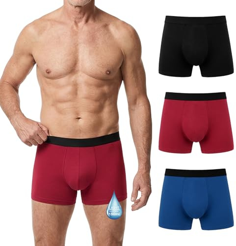 LOFIR Men's Incontinence Pant Underwear: Washable Cotton Boxers Shorts Leakproof - 150ml Absorbent Protective Pads Reusable for Nighttime Protection Elderly Urinary Sensitive Multicolor 3 Pack L