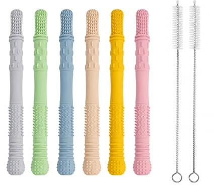 Set di 6 anelli da dentizione per bambini in PP e silicone, bastoncini da masticare cavi come ausilio per la dentizione, senza BPA, adatto a partire dai 3 mesi, con 2 spazzole per cannuccia