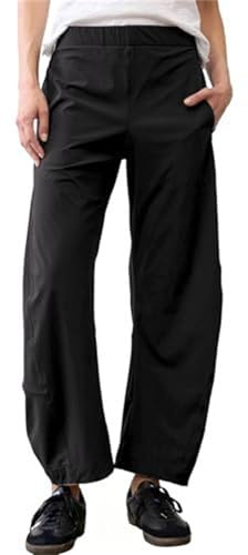 Women Barrel Travel Pant Ankle Pants Elastic Waistband Tapered Leg Baggy Mid Rise Work Trousers Lounge Pant with Pockets 2026 (Black,S)