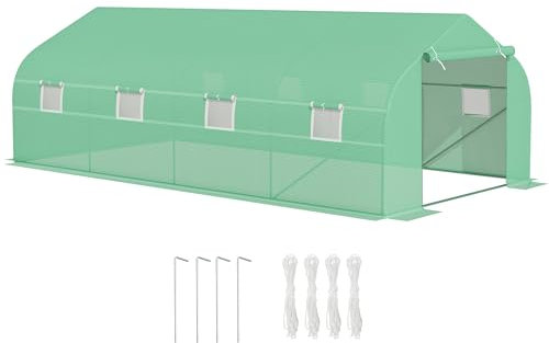 Outsunny Serra a Tunnel 6x3x2m con 8 Finestre e Porta Avvolgibile, Serra per Orto con 4 Picchetti e 4 Funi Incluse, in Acciaio e PP, Verde