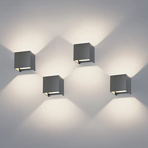 K-Bright 4 Pack Außenlampe Auf und ab Einstellbarer Lichtstrahl, Dunkelgrau | Wasserdicht IP65, Naturweiß 4000K, 12W Wandleuchten Innen/Außen, Aluminium Außenwandleuchte für Garten, Eingang, Wohnzimmer