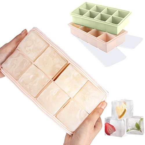LessMo Ice Cube Tray, 2 Pack XXL Silicone Large 2 Inch Ice Cube Molds with Lids, for Whiskey, Cocktails & Wine (Green and Pink)