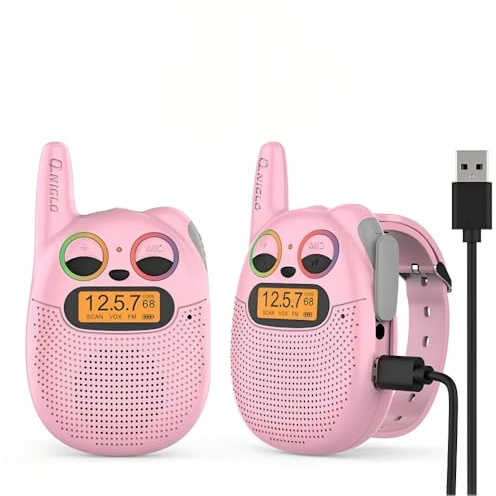 QNIGLO Walkie Talkie Kinder Aufladbar mit FM, 2-5km Reichweite, funkelnden LED-Augen, tragbarer Uhr, Walkie Talkie Spielzeug für Kinder (Pink*2, 2 Pack)