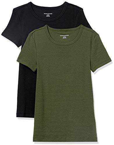 Amazon Essentials T-Shirt Col Rond à Manches Courtes Coupe Ajustée Femme, Lot de 2, Olive Foncé/Noir, M