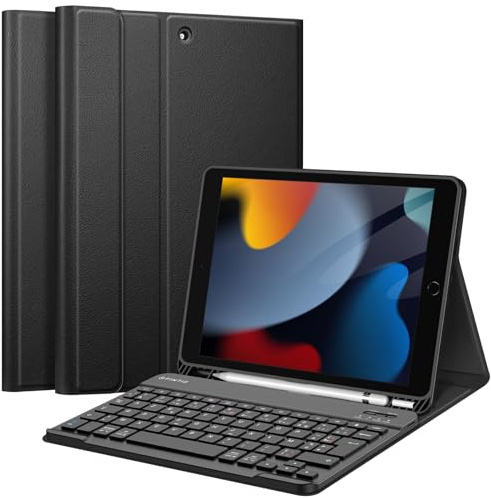 FINTIE Funda con Teclado Francés para iPad 10.2 2019 con Pencil Holder, Carcasa Delgada con Teclado Inalámbrico Desmontable Magnético (RII-AEE-7025, RII-PYA-1905) (*Negro)