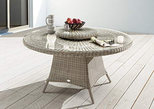 Beauty.Scouts Outdoor Collar Edition DEST Tisch Honey, Vintage weiß, 150 Ø x 76 cm, mit Glasplatte + Drehscheibe, Gartentisch, Garten, Terrasse, Balkontisch, Terrassentisch