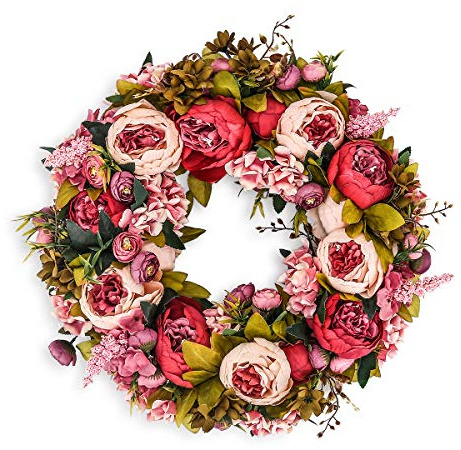 BOMAROLAN Artificial Peony Flower Wreath 19Inch Vintage Blooming Silk Peonies Spring Summer Fall Winter Large Wreaths Flower Green Leaves for Outdoor Front Door Indoor Wedding Wall Or Window Décor