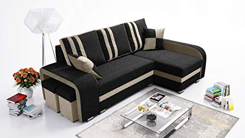 Robin York Ecksofa mit Schlaffunktion 2X Bettkasten 2X Kleine Kissen 2X Hocker Sofa L-Form Schlafsofa Freistehende Eckcouch Schlafcouch Wohnzimmermöbel Wohnlandschaft Rechts Schwarz Beige