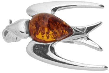 Brosche - Schwalbe - Silber 925/000 - Bernstein