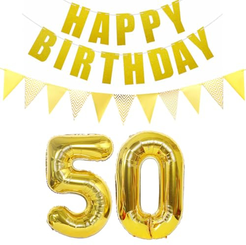 Luftballons Zahl 50 gold + Happy Birthday Girlande + banner Folienballon 50.Geburtstags deko frau mann ballons 50 Jahre Geburtstag deko frauen Zahlenballon 50 Geburtstag dekoration Männer frau(50)
