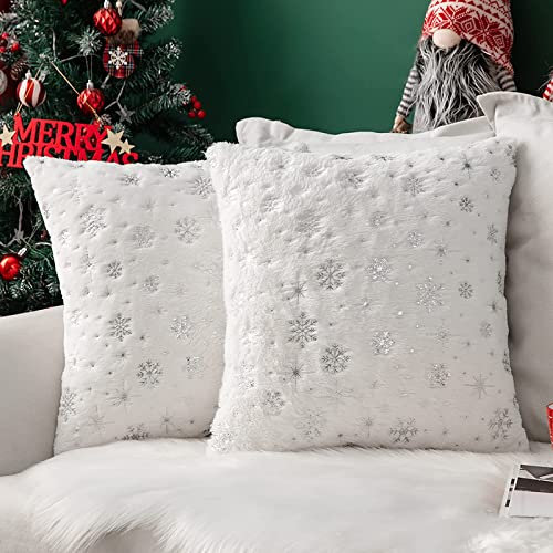 MIULEE Pack of 2 Christmas Cushion Covers Faux Fur Throw Pillow Cover Fluffy Soft Decorative with Snow Patterns Square Pillow Covers Plush Case for Sofa Bedroom 18 x 18 Inches 45 x 45 cm White