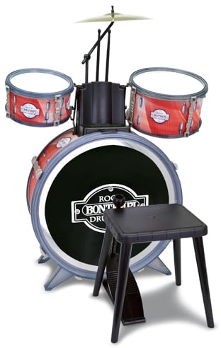 BONTEMPI - Beatmaster Kinder Schlagzeug mit realistischen Klängen, 2 Trommeln, Metallbecken, Sticks und Hocker, Maße 500x500x680 mm, Rot/Schwarz