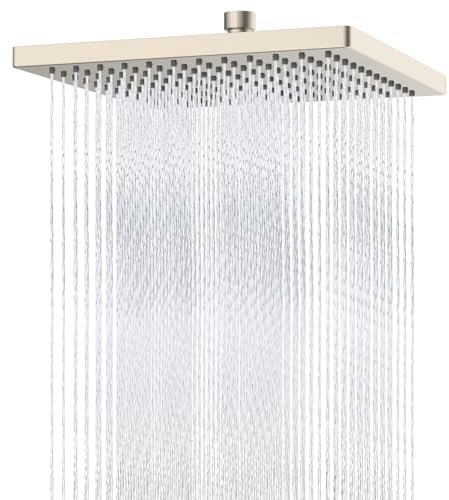 Hibbent Thickness Metal Rain Shower Head, 12 Inch High Pressure Shower Heads, Square Large Bathroom Rainfall Shower Head with Adjustable Brass Ball Joint, Waterfall Full Body Coverage, Brushed Nickel