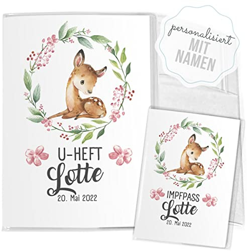 Mikalino Hülle für U-Heft + Impfpass Reh Blumenkranz (Name, Datum) Impfpasshülle & Schutzhülle, Grösse:U-Heft Set 3-teilig personalisiert, Farbe:7029_Reh_Blumenkranz