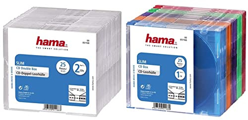Hama CD-Doppelhüllen-Box im Super-Slim-Design für 50 CDs/DVDs/Blu-Rays, 25er-Pack, transparent & CD-ROM Slim Box (platzsparend, auch für DVD und Blu-ray geeignet, fünf) 25er Pack