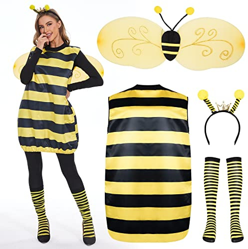FORMIZON Bienen Kostüm Damen, Bienenkostüm Erwachsene mit Biene Haarreif, Flügel, Beinärme, Hummel Faschingskostüme für Damen Herren Karneval Dress Up Party Cosplay