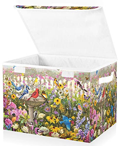 Mnsruu Storage Boxes with Lids, Songbirds at The Birdbath Fountain Wooden Large Storage Basket Organizer Shelves Cube Bin Toy Clothes Underbed