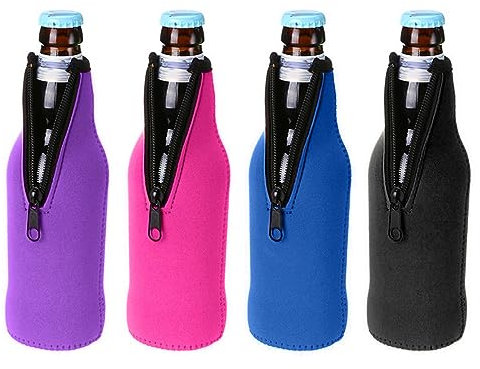 4 Pieces Wine Bottle Cooler, Collapsible Beer Bottle Sleeves, Rubber Insulated Sleeves, Zippered Beer Bottle Holder for Beer, Drinks (Black, Blue, Rose Red, Purple)