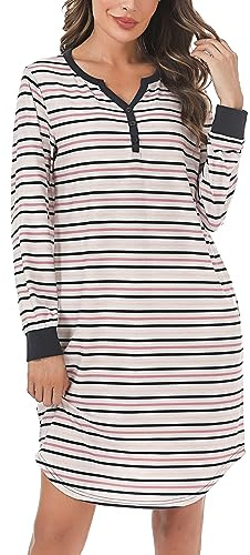 Nieery Chemise de Nuit Femme Manche Longue à Rayures en Coton avec Poche mi-Longue col en V Pyjama Femme Hiver Robe de Nuit Ample Grande Taille Nuisette Femme Coton