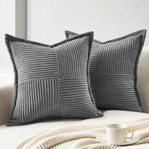 Topfinel 2er Set Kissenbezug 50x50 dunkle grau Kordsamt Kissenbezüge Kissenhülle Dekokissenbezug sofakissen dekokissen deko für Sofa Schlafzimmer Wohnzimmer Balkon Kinder flauschig