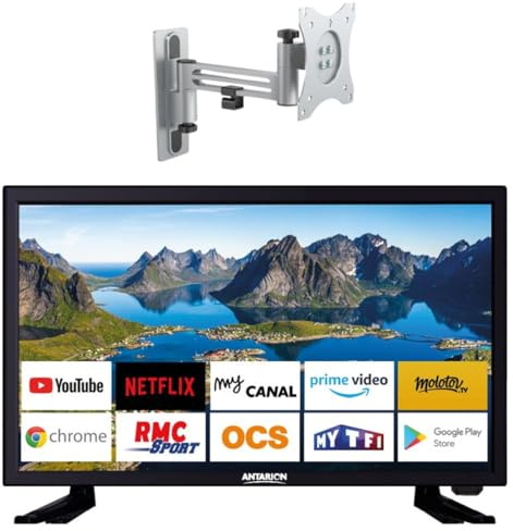 Antarion Pack TV LED 21.5 54cm Full HD Android Smart TV Camping Car + Support TV 180° Charge Max 15kg