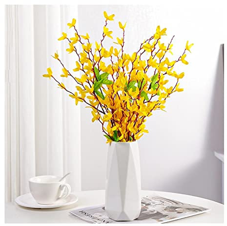 Set di bouquet da sposa, fiori artificiali Fiori artificiali di gelsomino invernale con vaso in ceramica Composizione di fiori finti in vaso Decorazione di fiori finti for la tavola Decorazione di fio