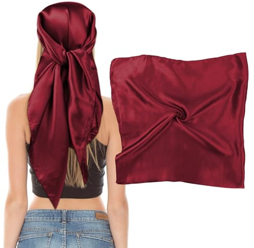 Bewudy Pañuelo cuadrado grande de satén para la cabeza, bufanda de seda para mujer, pañuelo para envolver el cabello y dormir por la noche, Rojo vino, 35in