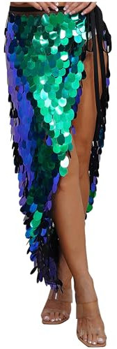 TiaoBug Damen Bauchtanz Kostüm Fransen Pailletten Rock Wickelrock zum Binden Belly Dance Minirock Röckchen Performance Outfits Grün H M