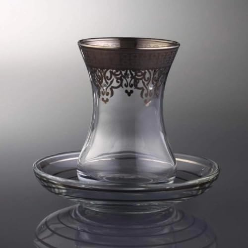 ABKAKRISTAL Set of 6 Platin Graved Turkish Tea Glasses & Saucers Set - Gift Box